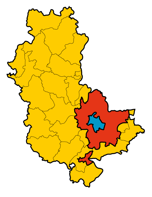Lyon euro-métropole : le nouveau profil de la ville (Lyon en bleu, la future métropole en rouge, le Rhône en jaune)